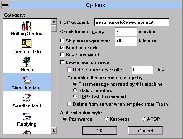 Opzioni per Check Mail